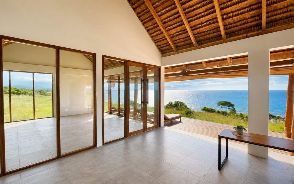 Living room opening onto the ocean under a high timber ceiling